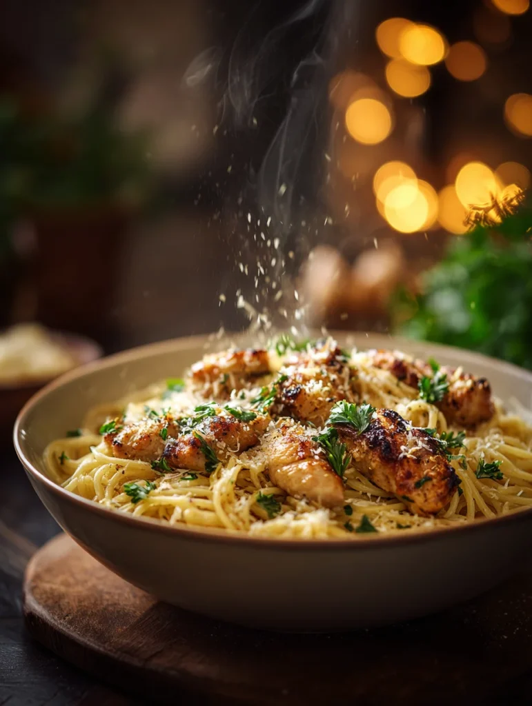 Garlic butter chicken pasta topped with golden seared chicken, fresh parsley, and a sprinkle of Parmesan cheese in a warm, cozy setting.