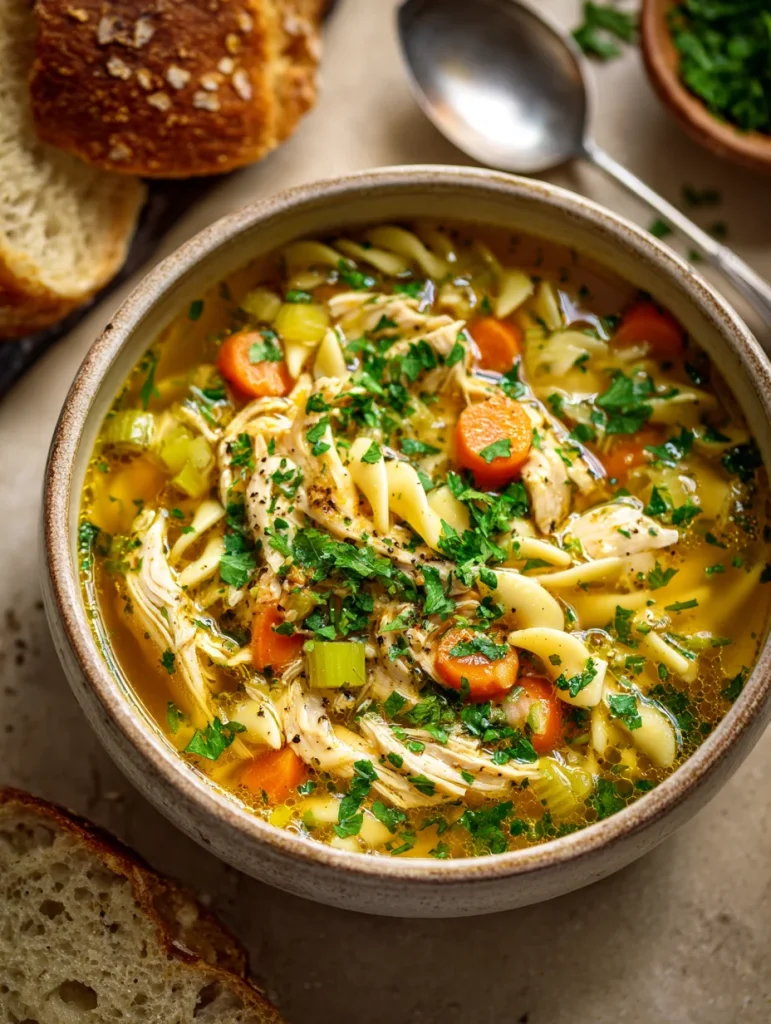 Bowl of Italian penicillin soup with shredded chicken, noodles, carrots, celery, and herbs.