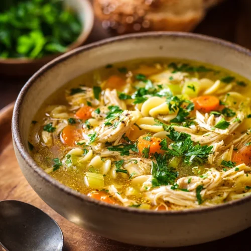 Bowl of Italian penicillin soup with shredded chicken, pasta, carrots, and fresh herbs.