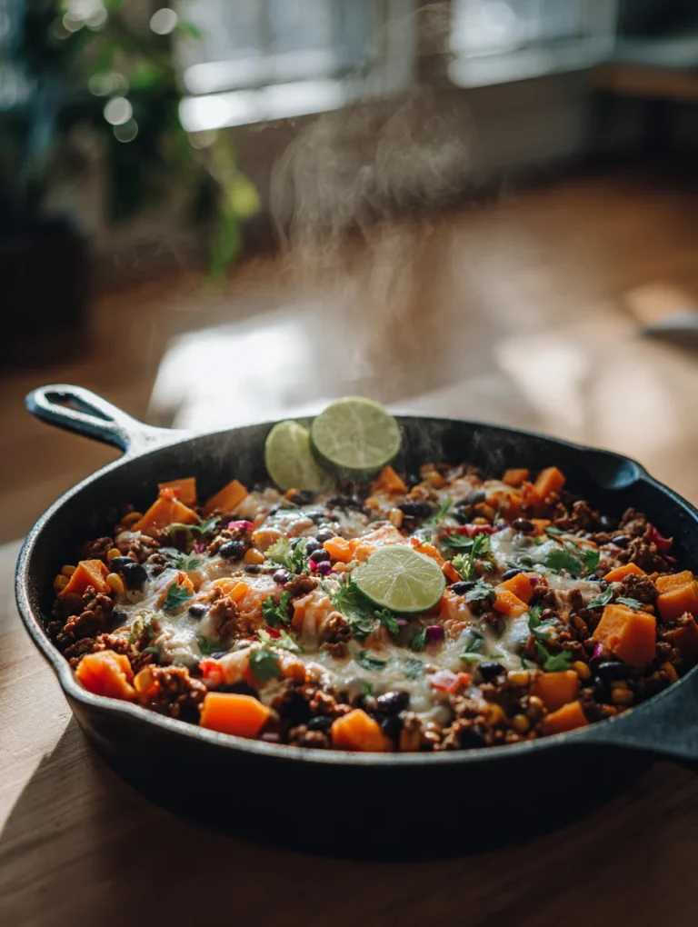Southwest ground beef and sweet potato skillet topped with melted cheese, black beans, corn, and lime slices.
