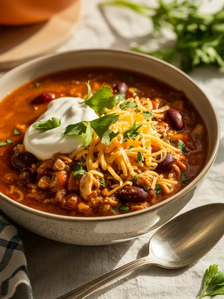 Bowl of hearty turkey pumpkin chili topped with shredded cheese, sour cream, and fresh parsley.