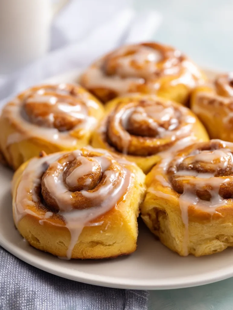 Soft chai cinnamon rolls drizzled with sweet glaze on a white plate.