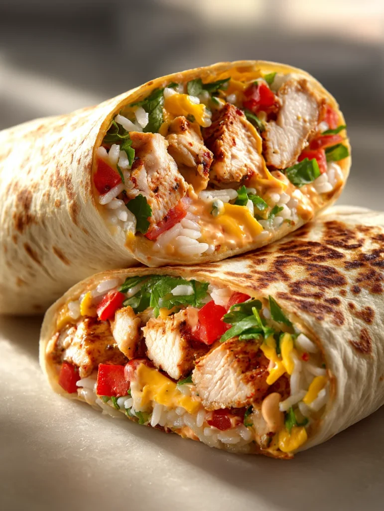 Close-up of a chipotle ranch grilled chicken burrito filled with juicy chicken, rice, veggies, and creamy sauce