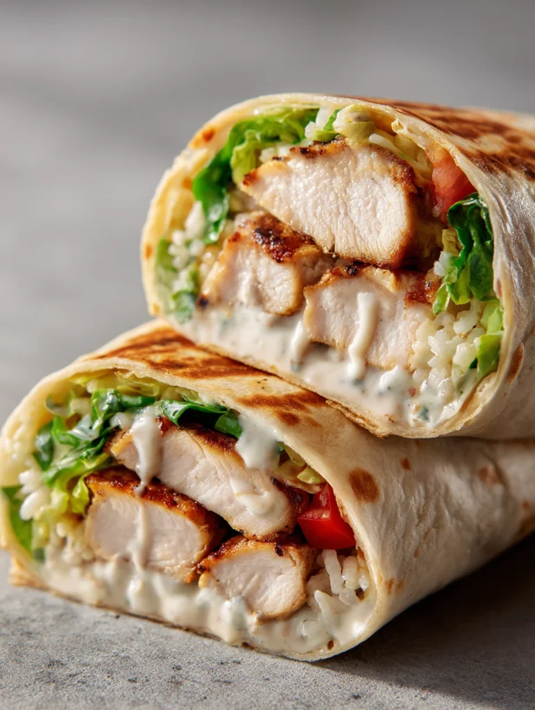 Chipotle ranch grilled chicken burrito sliced open, filled with juicy chicken, lettuce, rice, tomatoes, and creamy ranch sauce