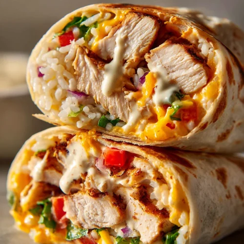 Chipotle ranch grilled chicken burrito cut in half showing juicy chicken, melted cheese, rice, tomatoes, and creamy chipotle ranch sauce