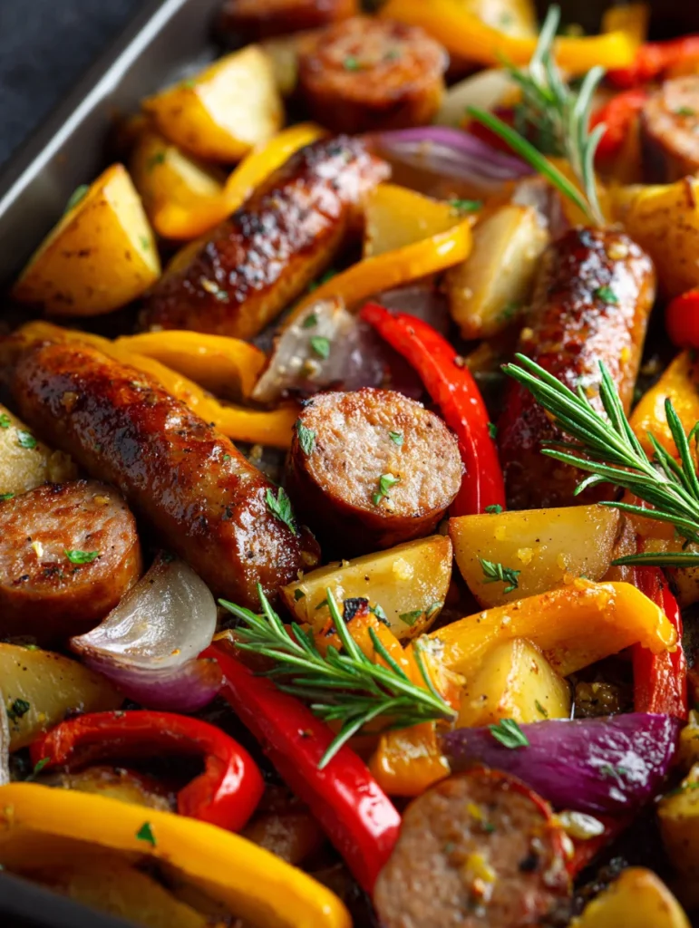 Honey garlic sausage sheet pan with roasted potatoes, bell peppers, onions, and fresh rosemary.