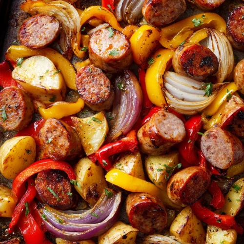 Honey garlic sheet pan sausage with roasted potatoes, peppers, and onions.