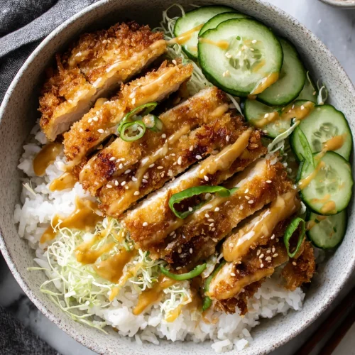 Crispy Japanese chicken katsu sliced over steamed white rice with shredded cabbage, cucumber slices, sesame seeds, and drizzled katsu sauce in a ceramic bowl.