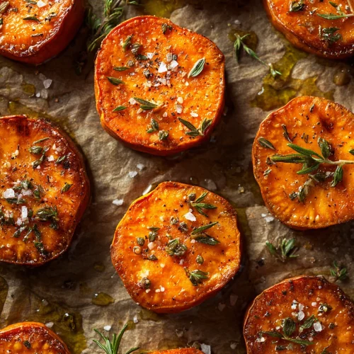 Golden roasted sweet potato rounds topped with fresh herbs, cracked pepper, and flaky sea salt