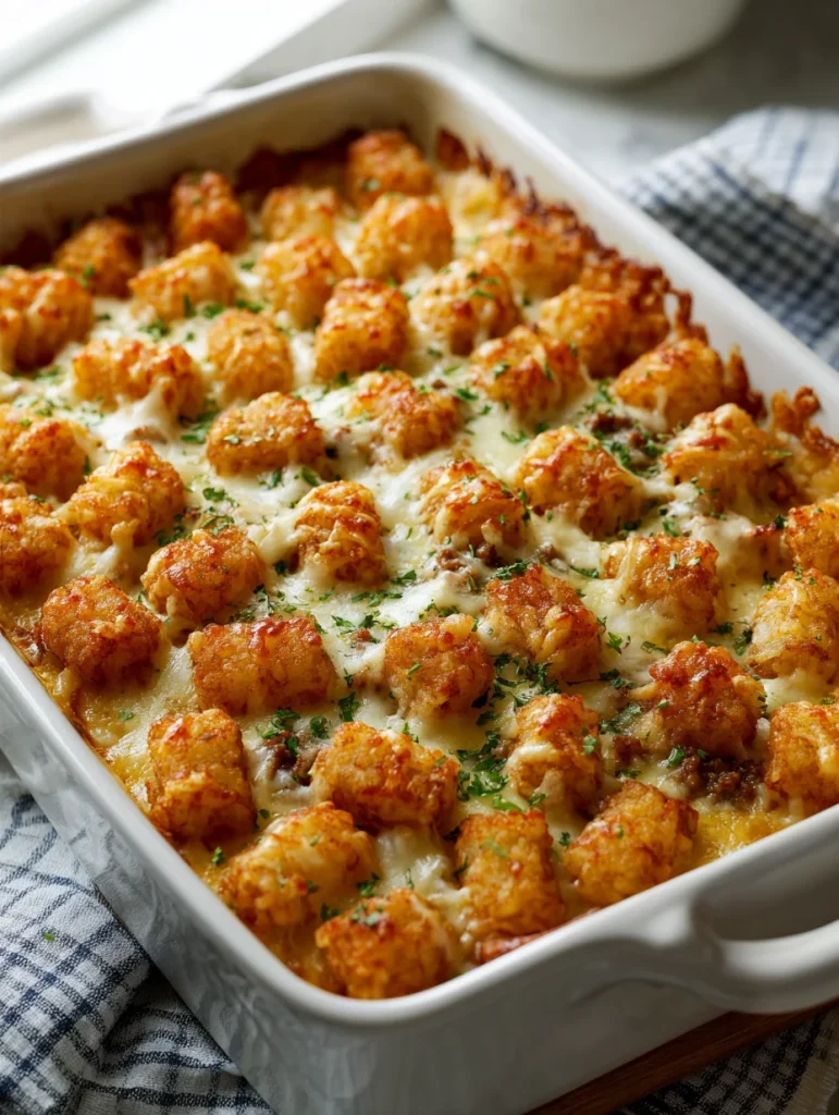 Golden tater tot breakfast casserole topped with melted cheese and herbs in a white baking dish