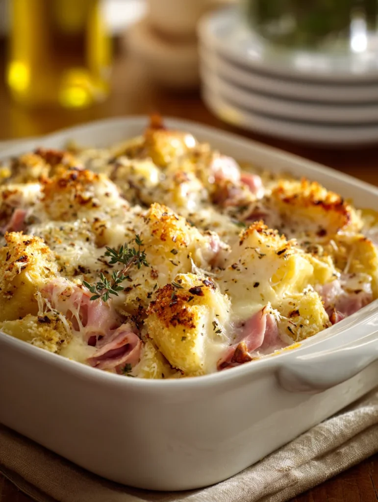 Chicken cordon bleu casserole with ham, melted cheese, and golden breadcrumb topping