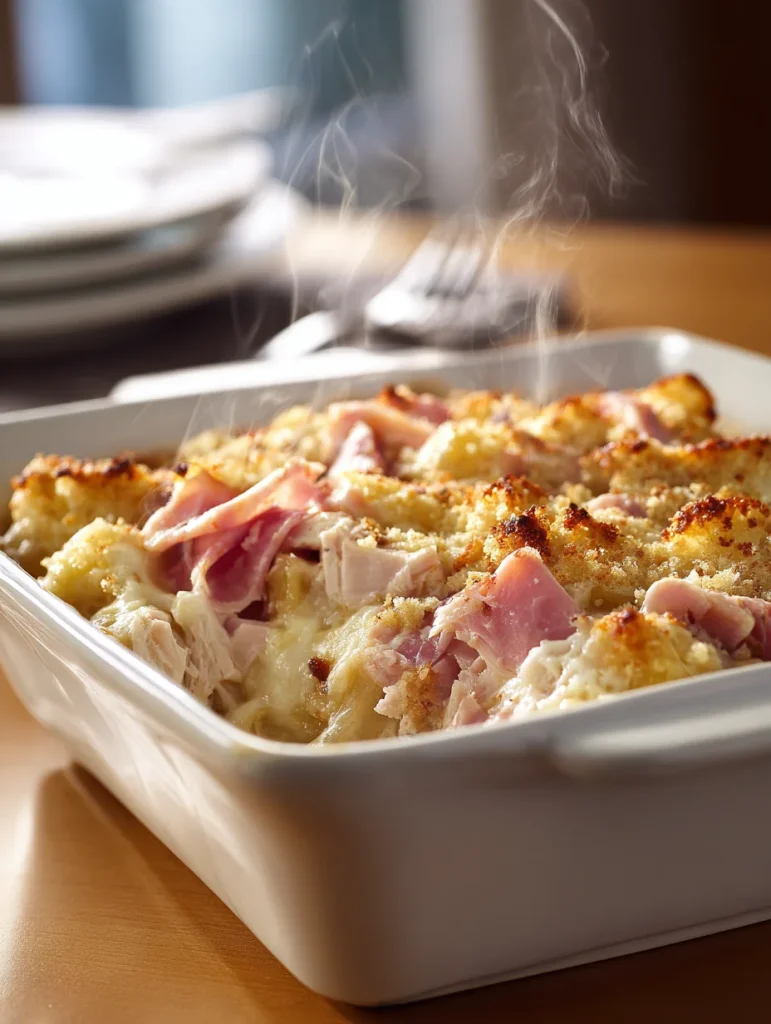 Steaming chicken cordon bleu casserole with ham, melted cheese, and crispy breadcrumb topping