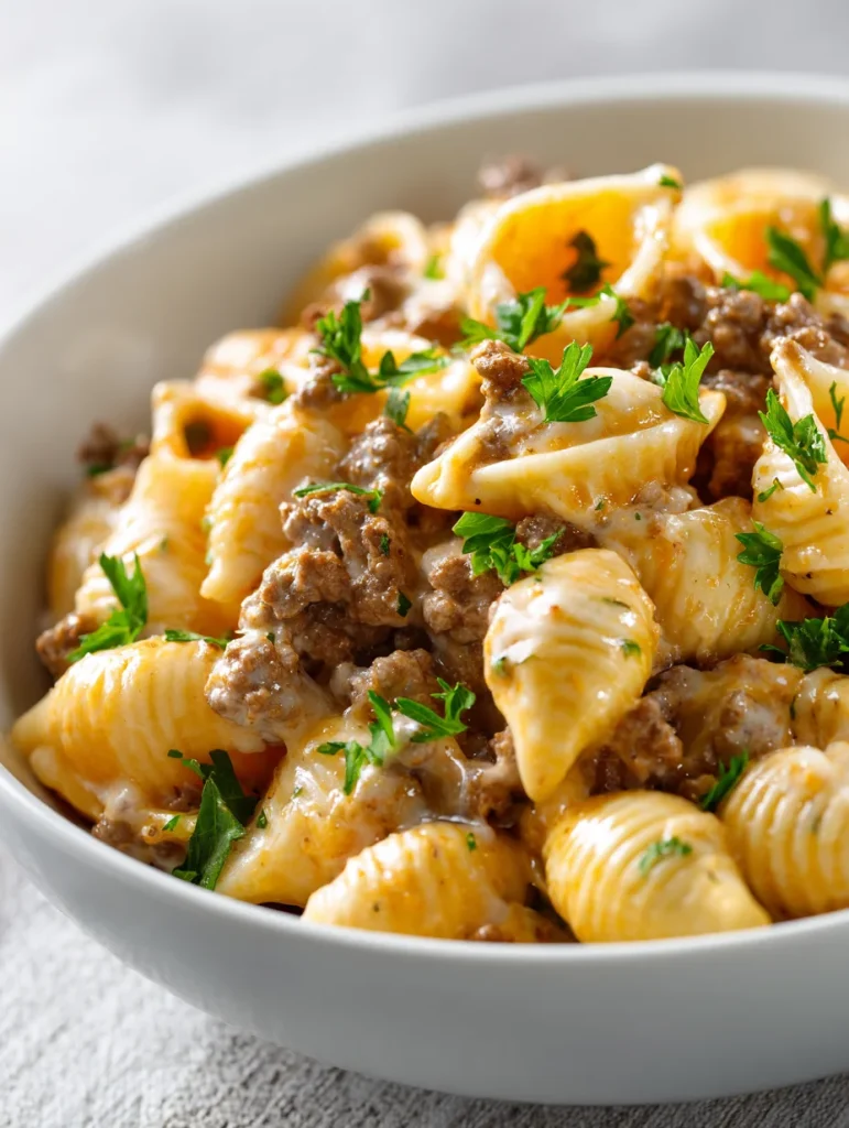 Creamy beef and shell pasta with melted cheese and fresh parsley