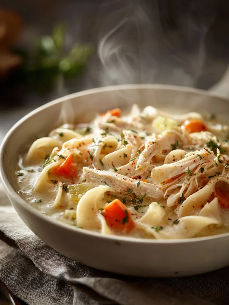 Creamy chicken noodle soup in a bowl with shredded chicken, egg noodles, carrots, and fresh herbs, steaming hot
