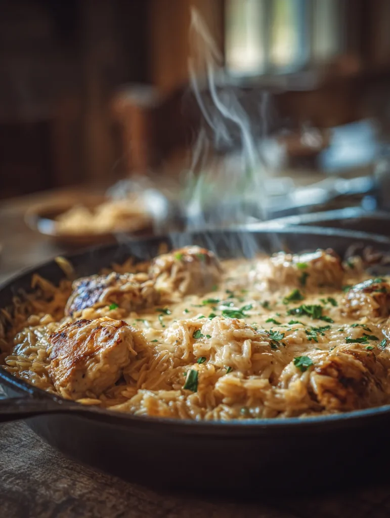 Creamy French onion chicken orzo skillet with melted cheese and herbs