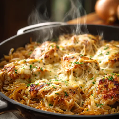French onion chicken orzo skillet with caramelized onions and melted cheese