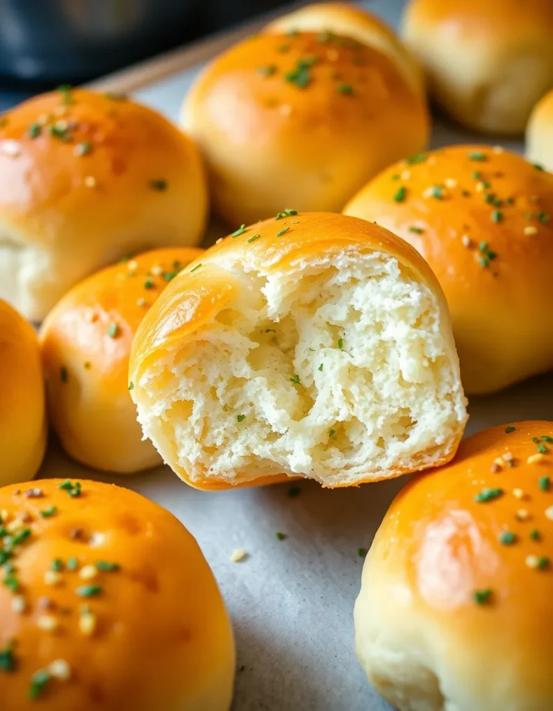 Fluffy garlic butter bread rolls with soft, airy interior