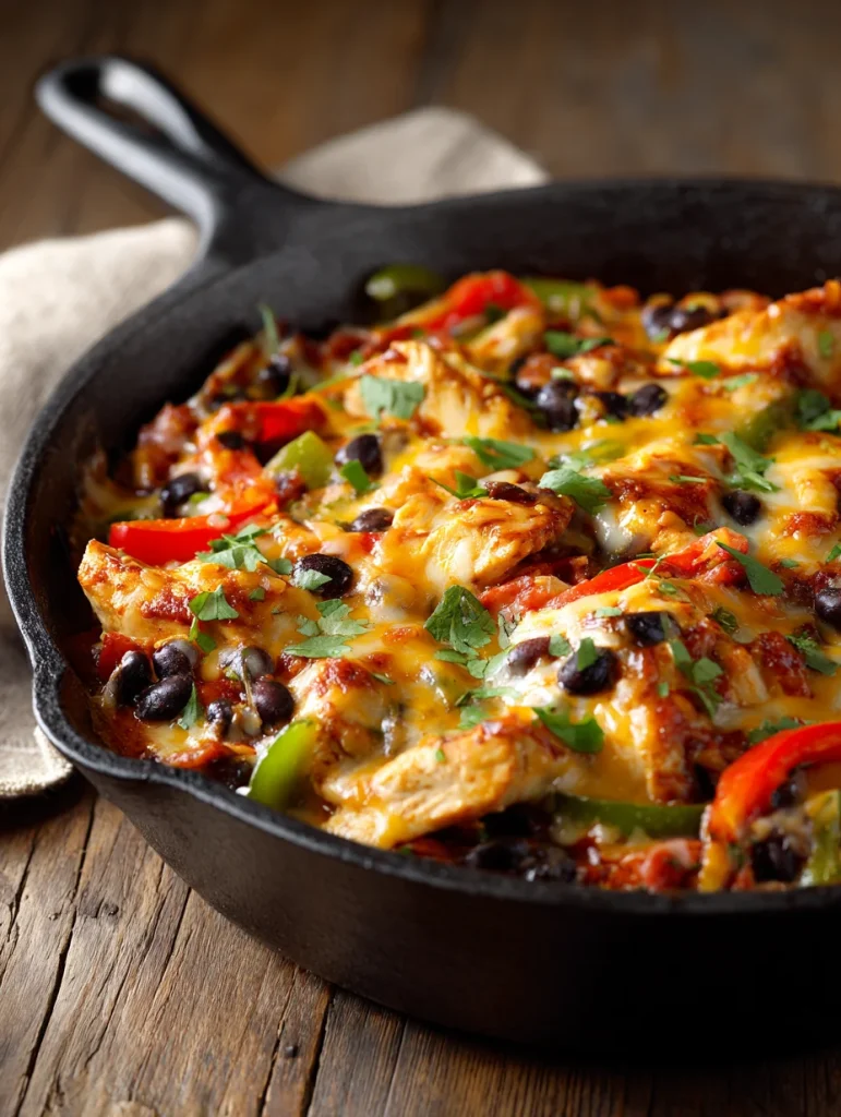Healthy enchilada skillet with chicken, black beans, bell peppers, and melted cheese in a cast iron skillet