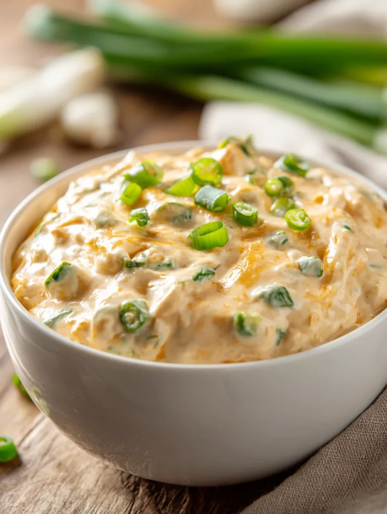 Creamy Hissy Fit Dip garnished with chopped green onions in a white bowl