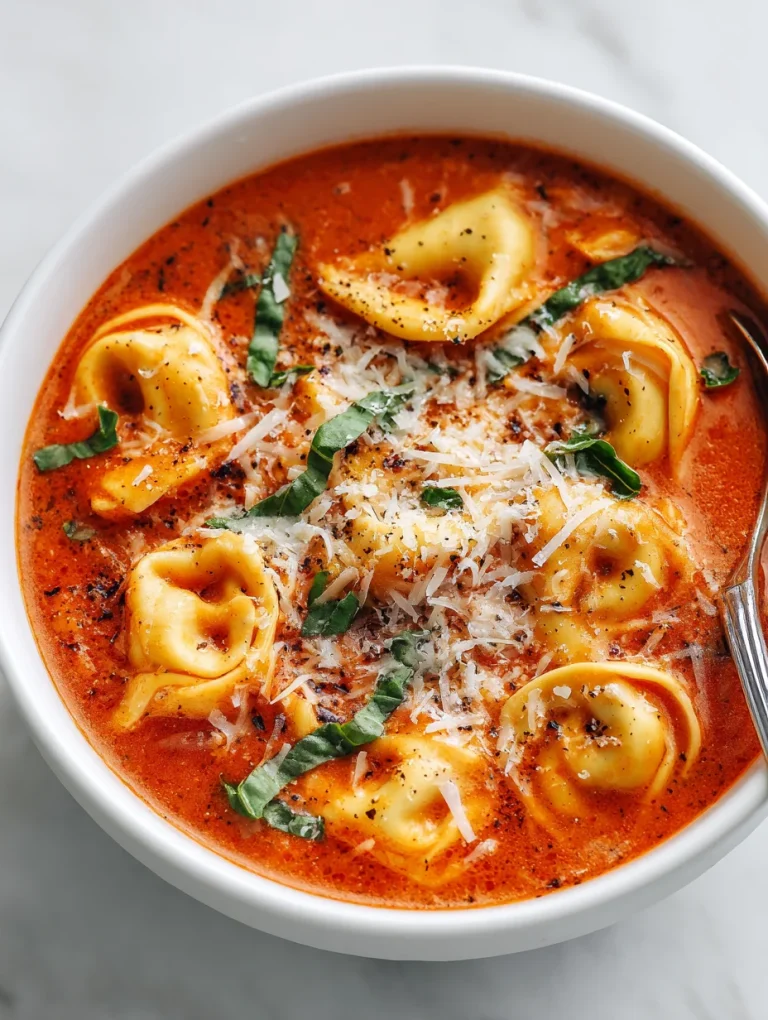 Parmesan tomato tortellini soup topped with basil and grated cheese