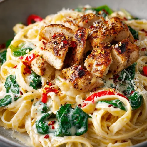 Cajun cream cheese chicken pasta topped with sliced chicken, spinach, and creamy noodles