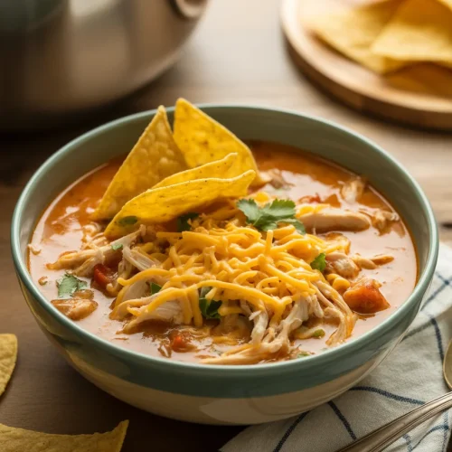 Creamy chicken taco soup with shredded cheese and tortilla chips in a green bowl