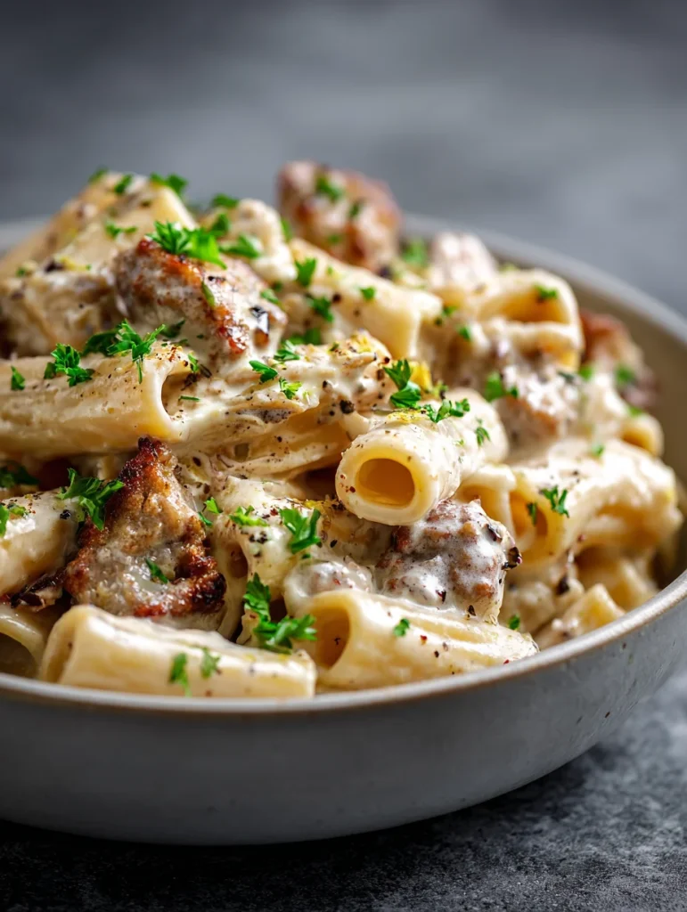 Creamy sausage rigatoni pasta with Italian sausage in a white sauce, topped with parsley