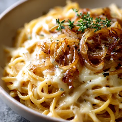 Creamy French onion pasta with caramelized onions and thyme in a beige bowl