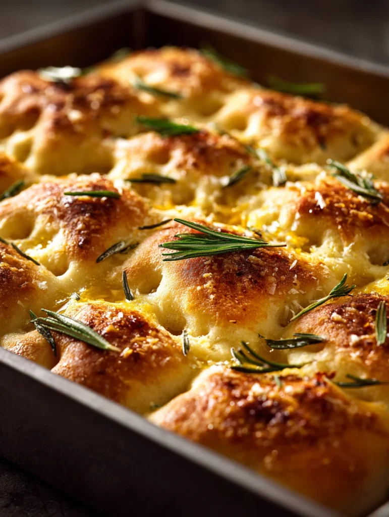 Garlic parmesan focaccia bread with rosemary baked until golden and bubbly in a pan
