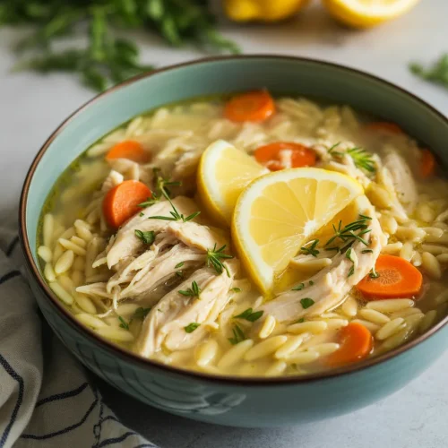Greek lemon chicken orzo soup with shredded chicken, carrots, and lemon slices