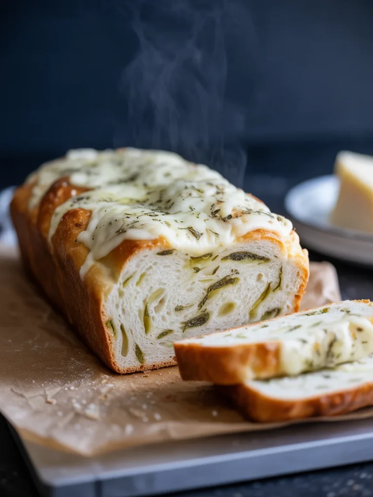 Italian herb and cheese bread loaf with melted cheese and sliced pieces