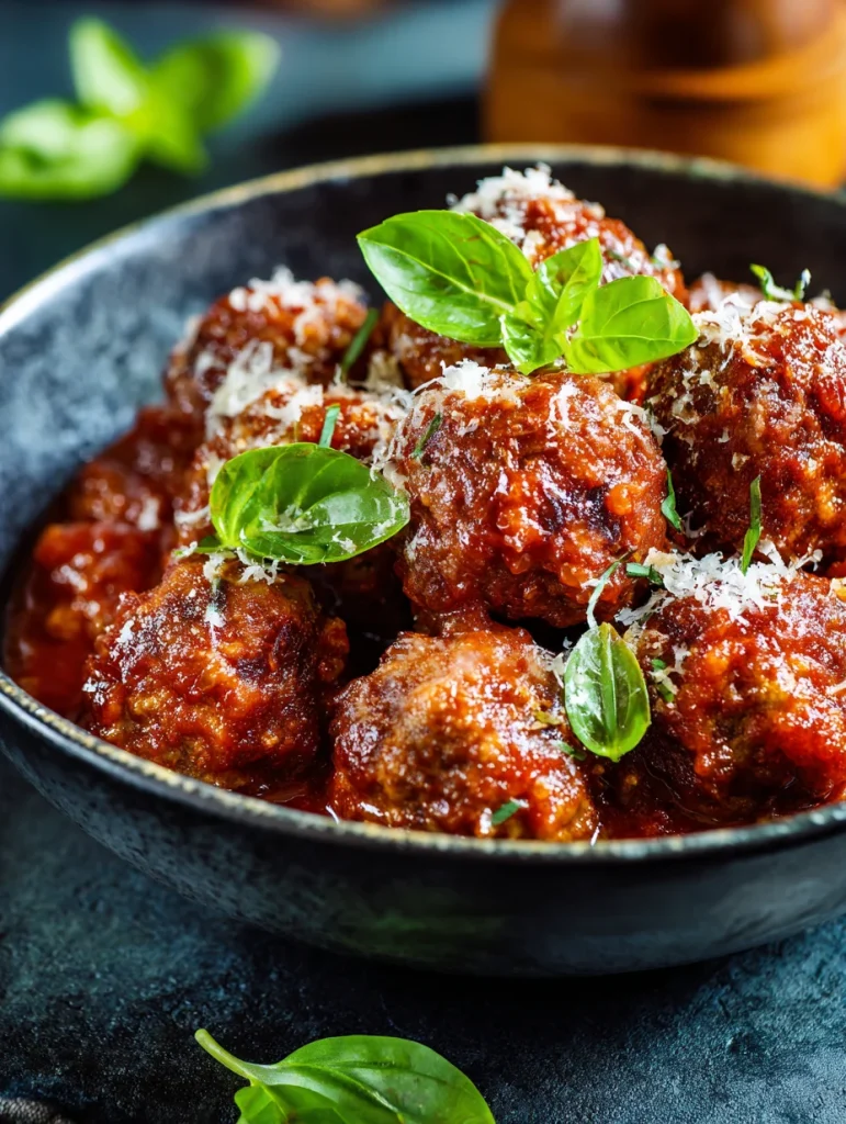 Italian meatballs in rich tomato sauce with basil and grated parmesan