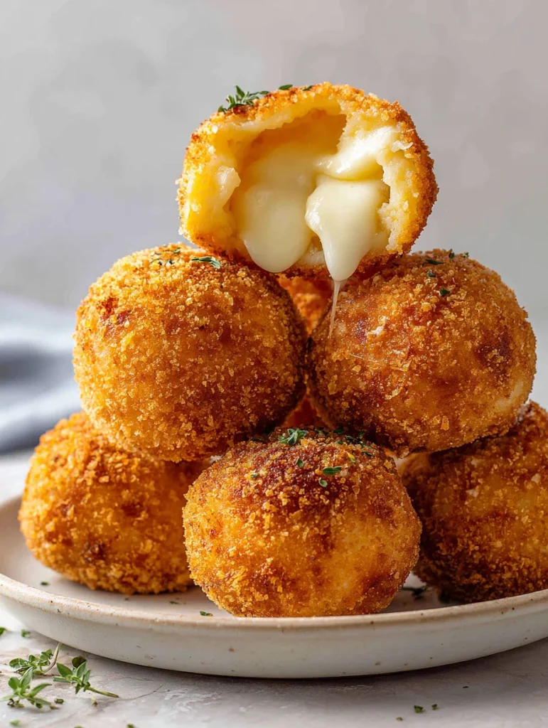 Cheese-stuffed Italian rice balls with crispy breadcrumb coating and melted center