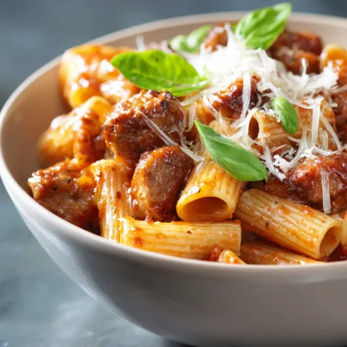 Close-up of Italian sausage rigatoni in tomato sauce with basil and Parmesan