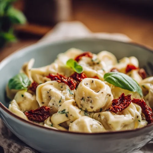 marry me tortellini with creamy garlic sauce, sun-dried tomatoes, and fresh basil