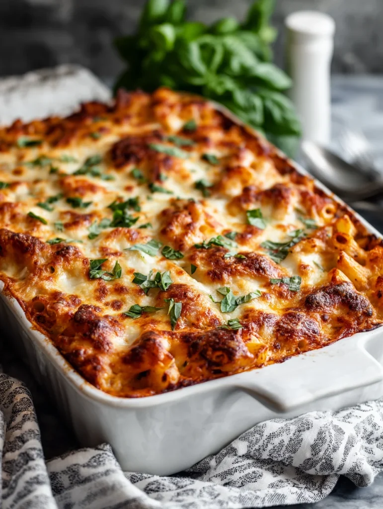 million dollar baked ziti casserole with golden melted cheese and basil