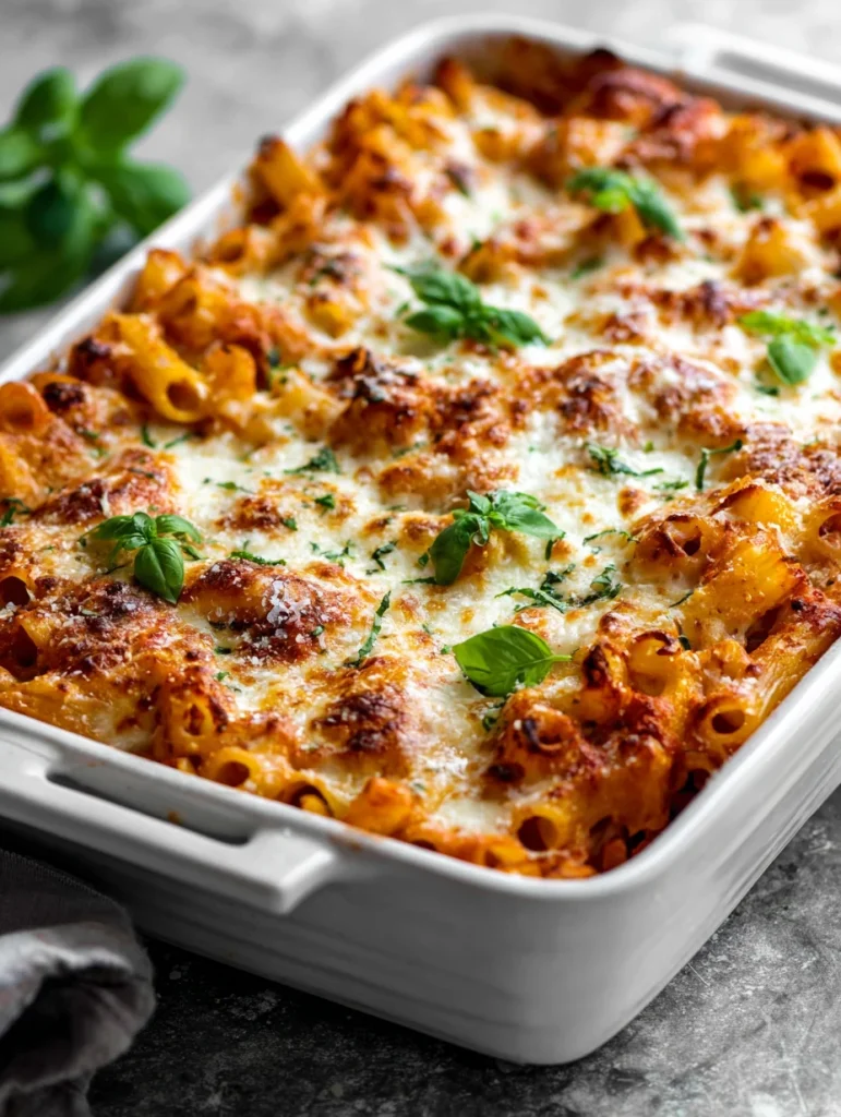 million dollar baked ziti with melted cheese and fresh basil leaves