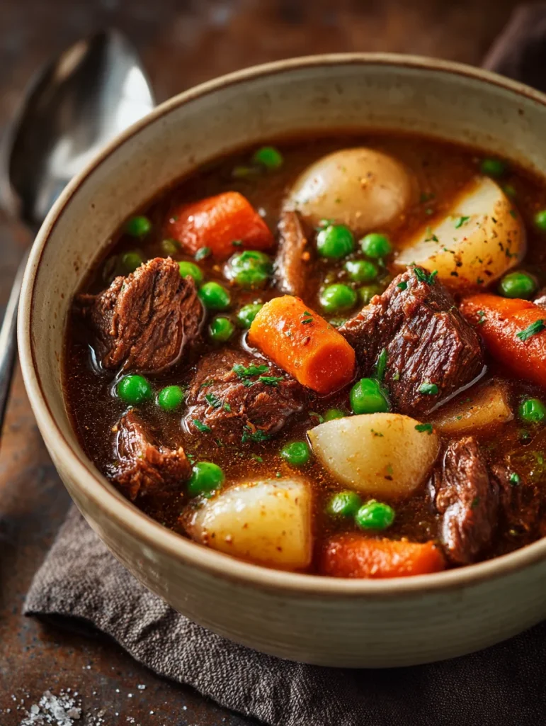 Old fashioned beef stew with tender beef chunks, potatoes, carrots, and peas in rich brown gravy