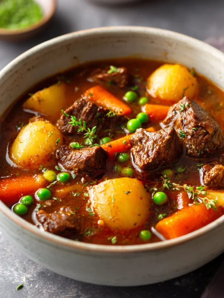 Old fashioned beef stew with tender beef, potatoes, carrots, and peas in rich broth