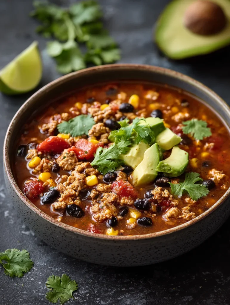 Hearty turkey taco soup topped with avocado, black beans, corn, and fresh cilantro