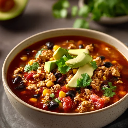 Bowl of turkey taco soup with black beans, corn, tomatoes, and avocado slices