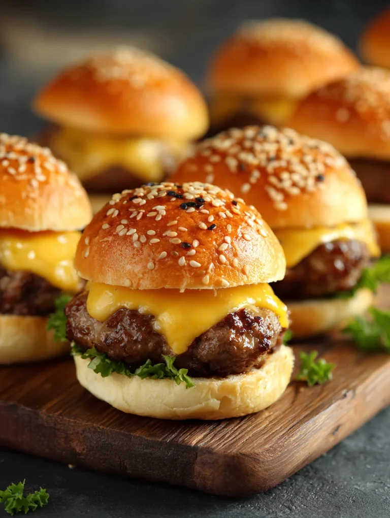 Cheeseburger sliders with melted cheese on sesame seed buns served on a wooden board