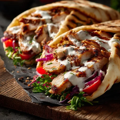 Chicken shawarma wraps with garlic sauce, tomatoes, and red onions on a wooden serving board