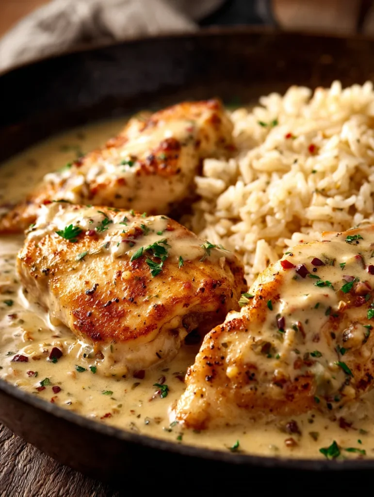 Creamy smothered chicken and rice in skillet close-up
