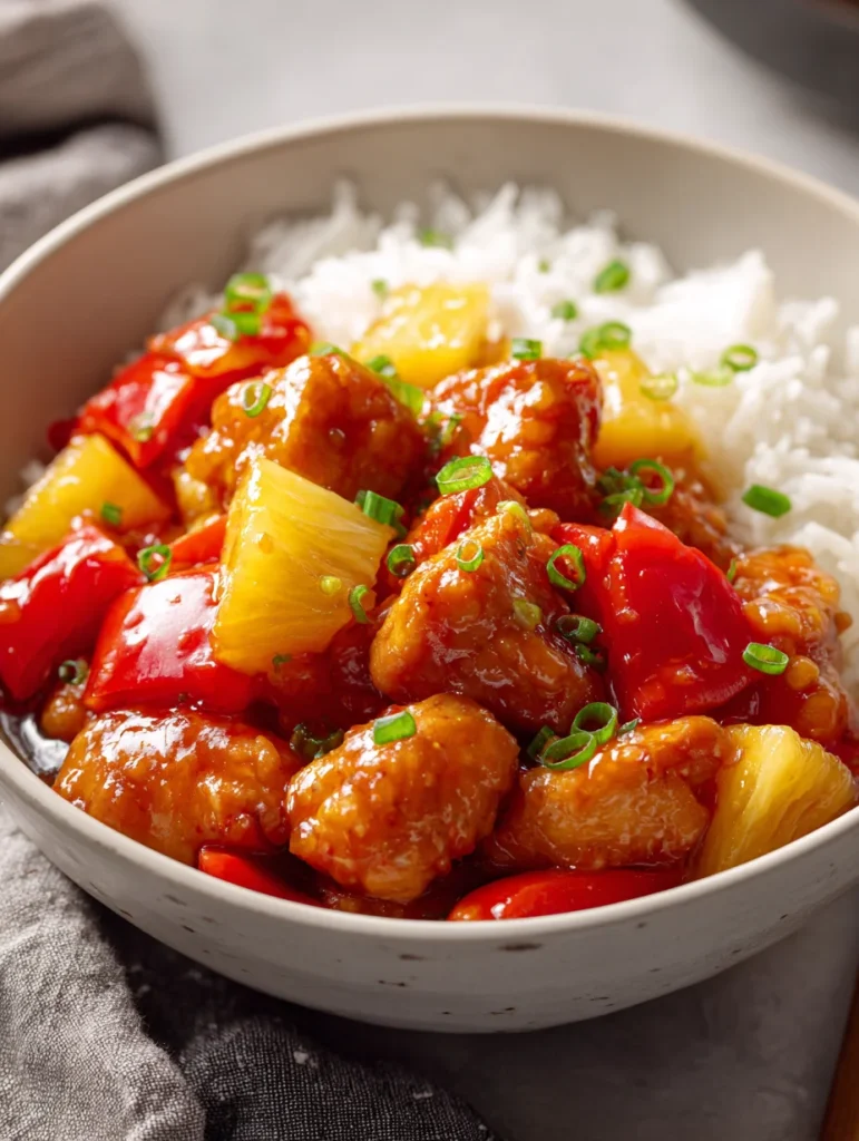 Crockpot sweet and sour chicken with pineapple and bell peppers served over steamed rice