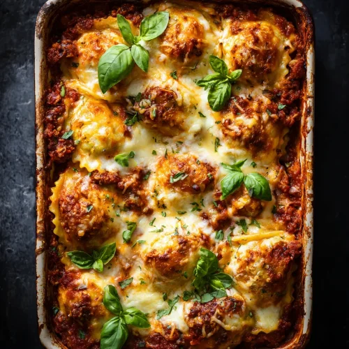 Dumpling lasagna baked with meat sauce, melted mozzarella, and fresh basil in a casserole dish