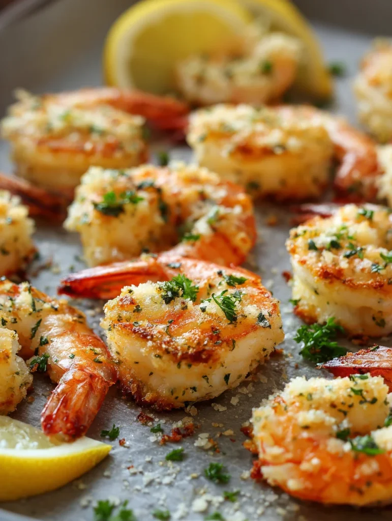 Garlic Parmesan roasted shrimp with crispy breadcrumb topping, fresh parsley, and lemon wedges on a baking sheet