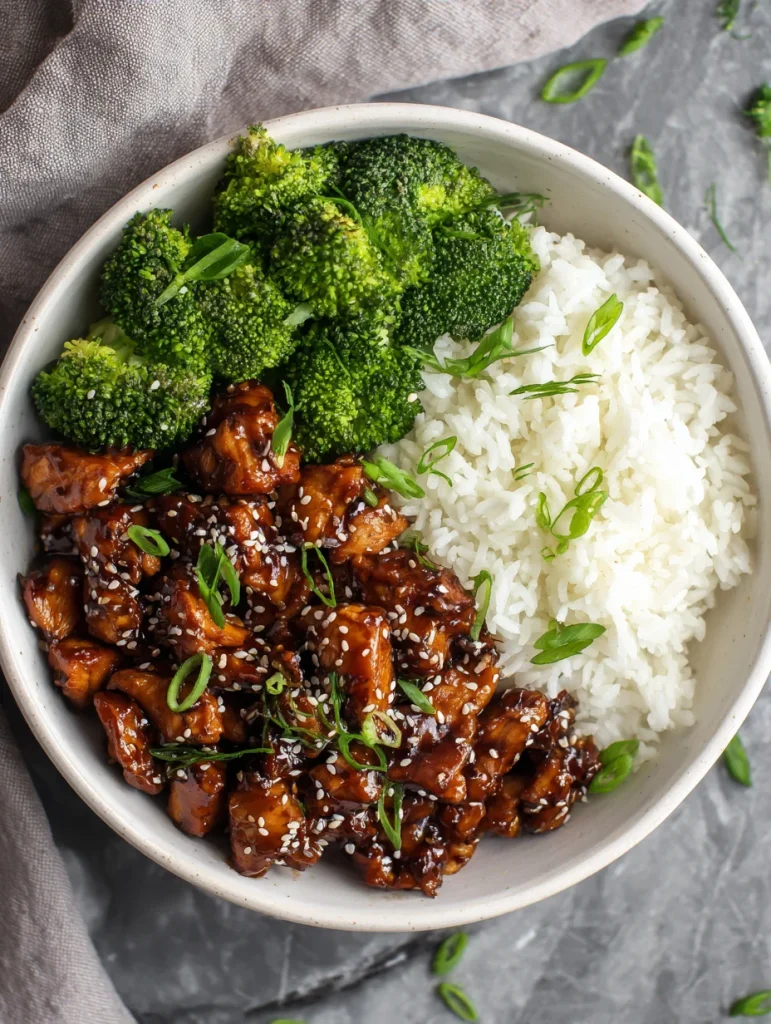 Instant Pot teriyaki chicken rice bowl with broccoli and jasmine rice