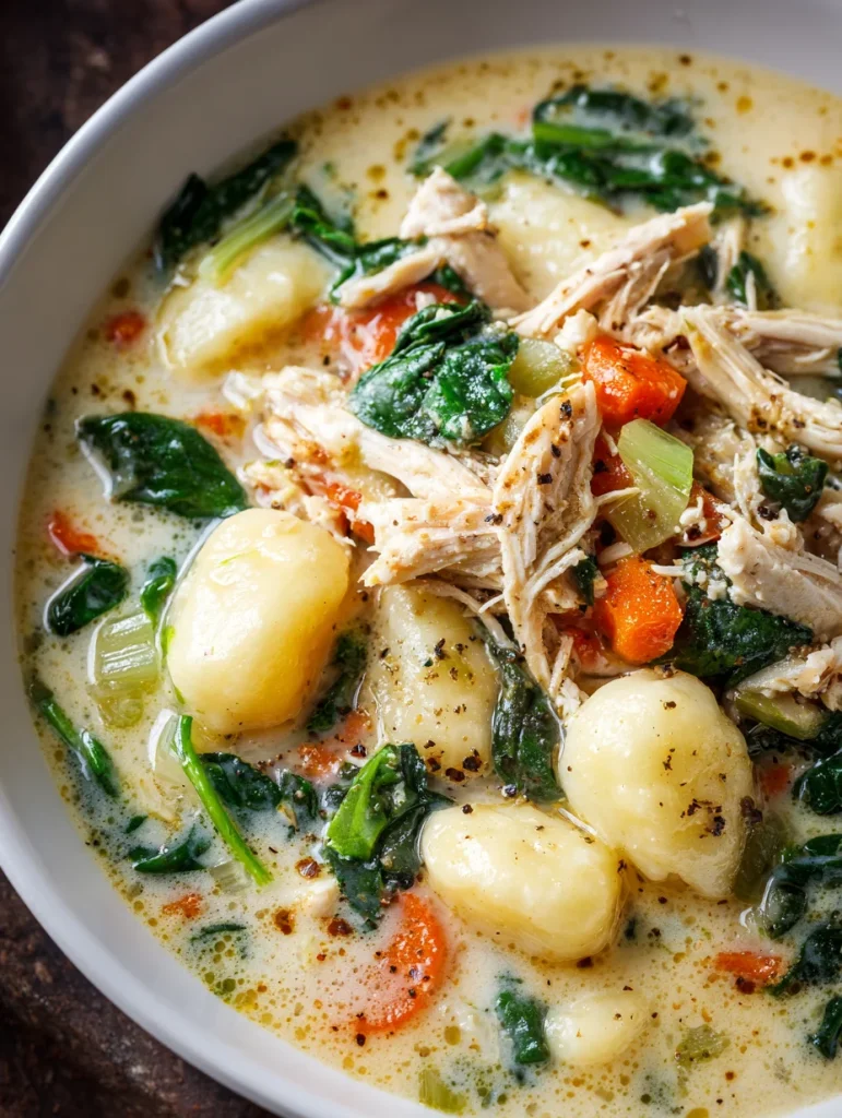Creamy rotisserie chicken gnocchi soup with spinach, carrots, and celery