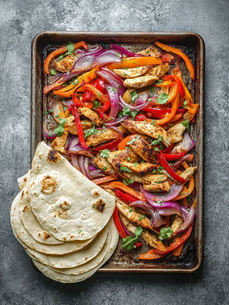 Sheet pan chicken fajitas with roasted peppers, onions, and warm tortillas
